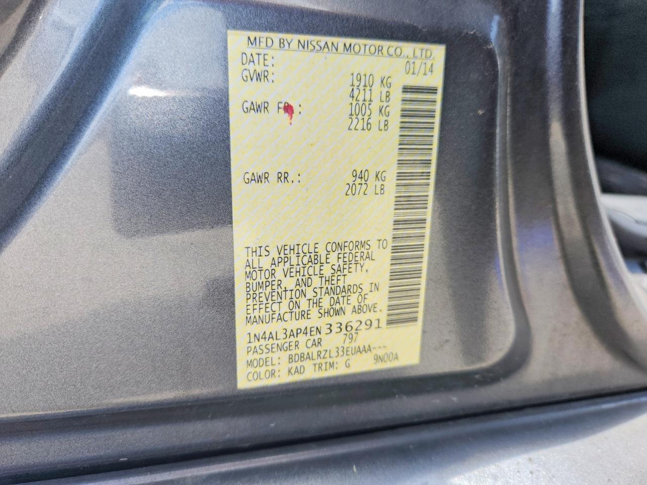 2014 Nissan Altima 2.5 Charcoal vin: 1N4AL3AP4EN336291