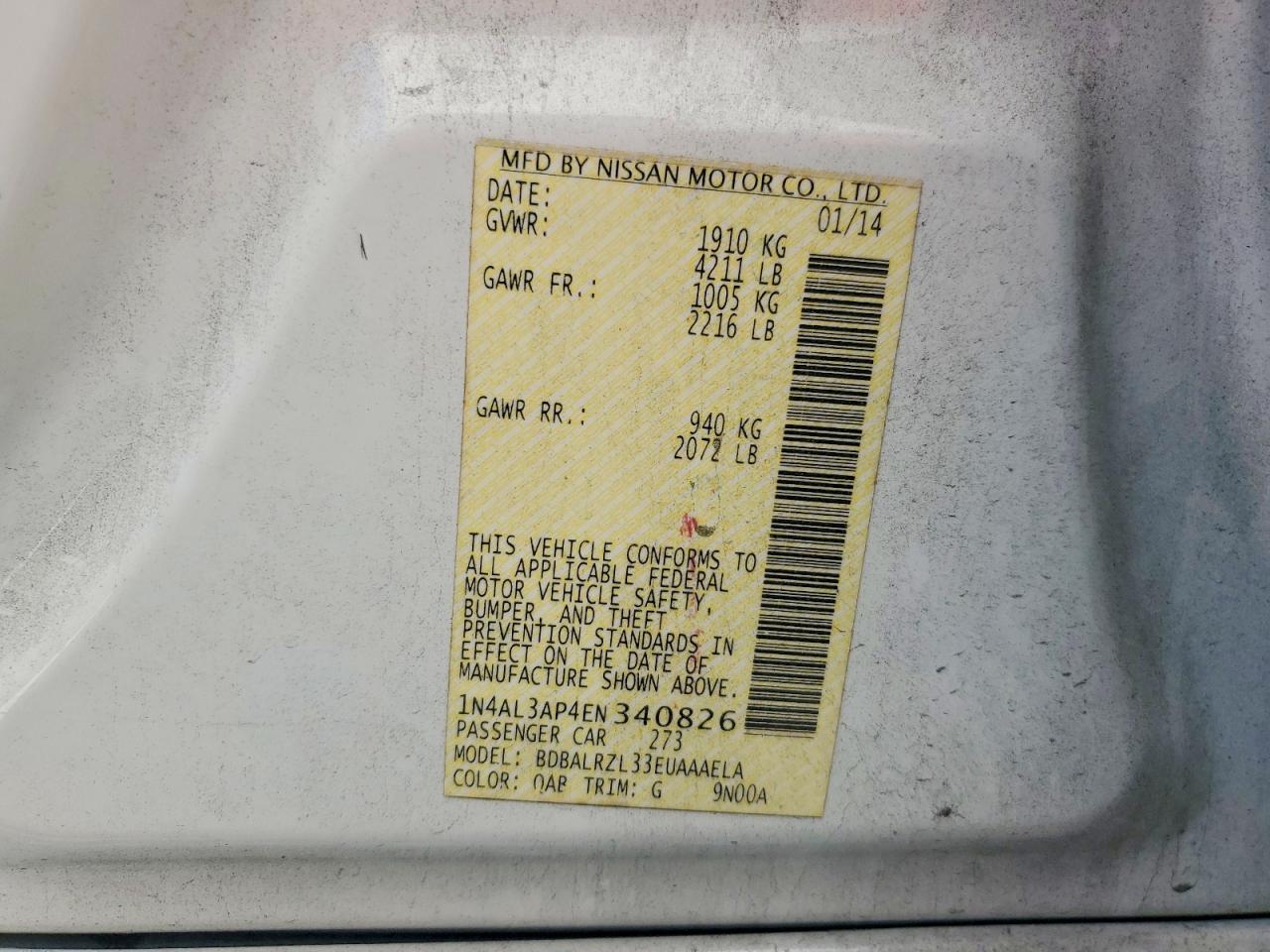 2014 Nissan Altima 2.5 S White vin: 1N4AL3AP4EN340826