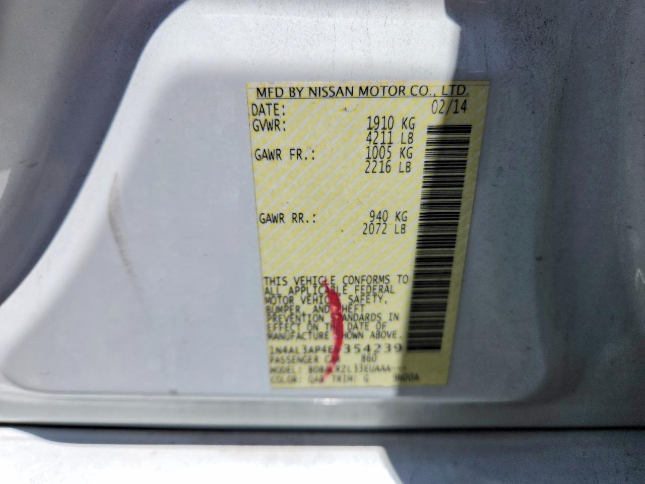 2014 Nissan Altima 2.5 S Белый vin: 1N4AL3AP4EN354239