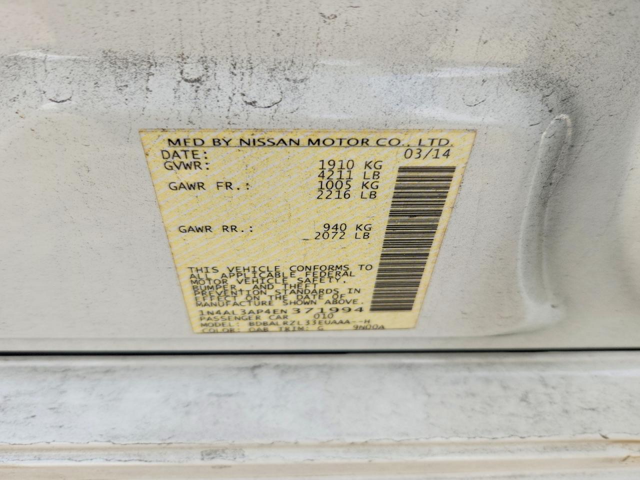 2014 Nissan Altima 2.5 S White vin: 1N4AL3AP4EN371994