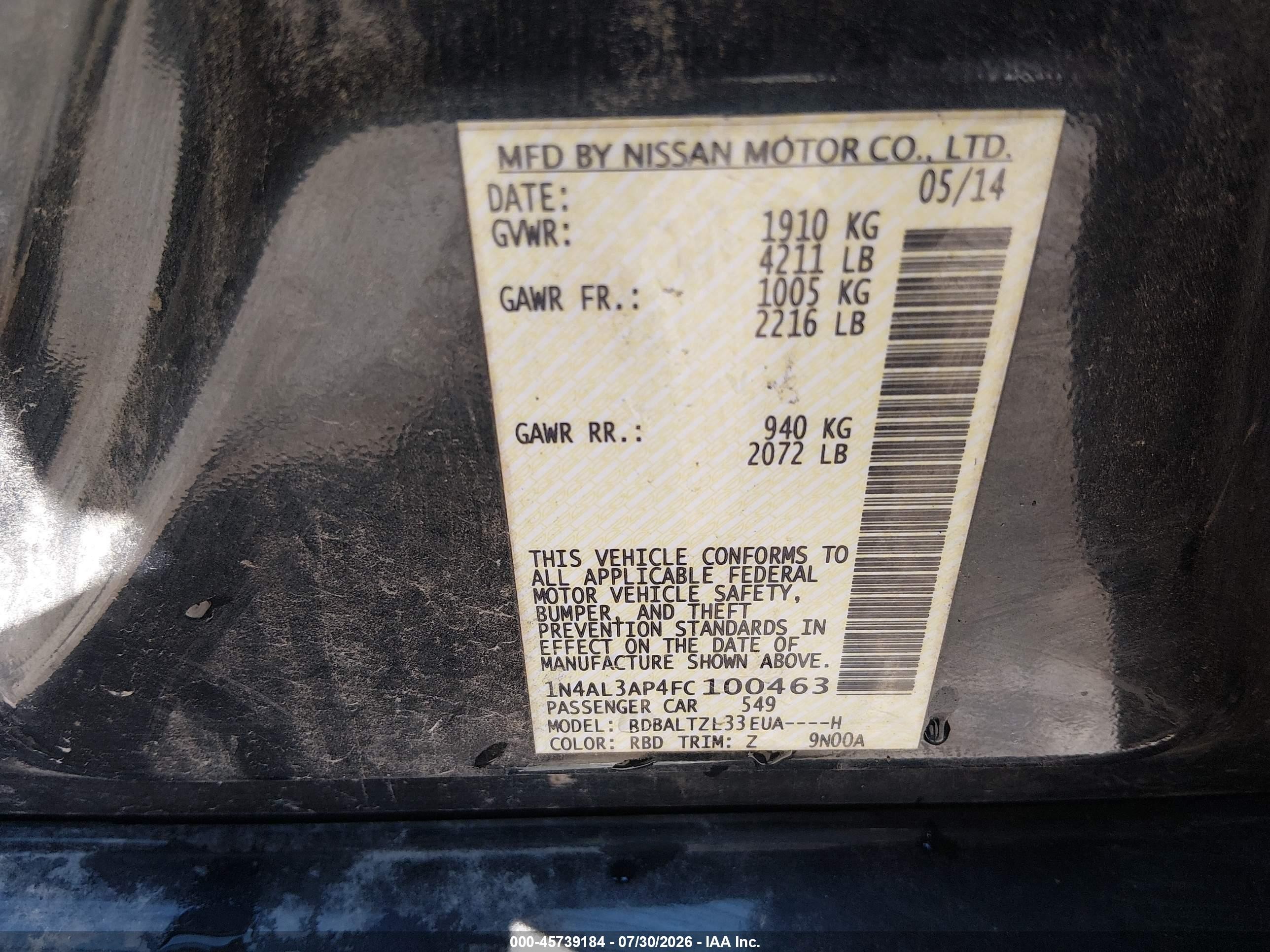 2015 Nissan Altima 2.5 Sl Gray vin: 1N4AL3AP4FC100463