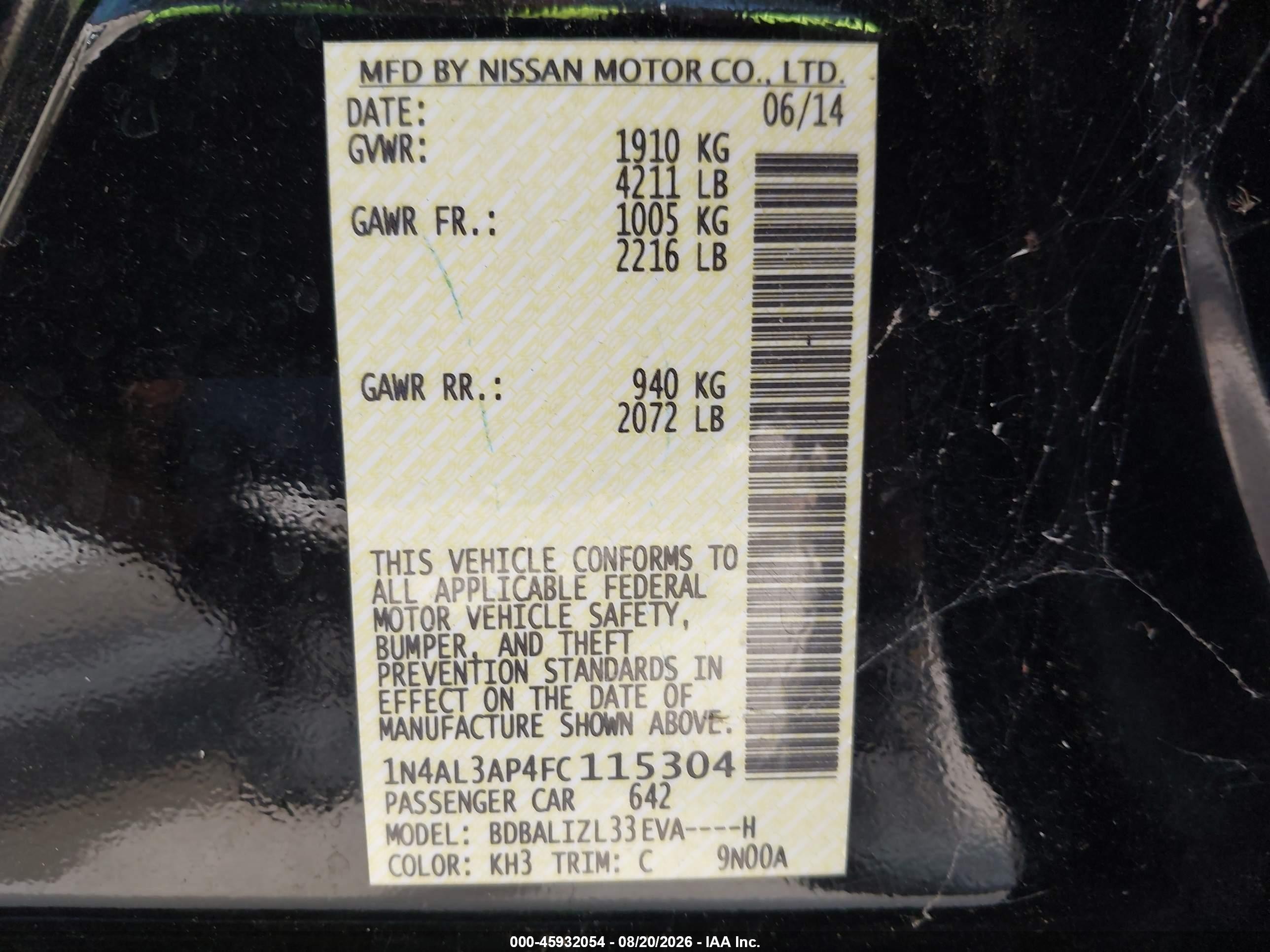 2015 Nissan Altima 2.5 Sv Black vin: 1N4AL3AP4FC115304