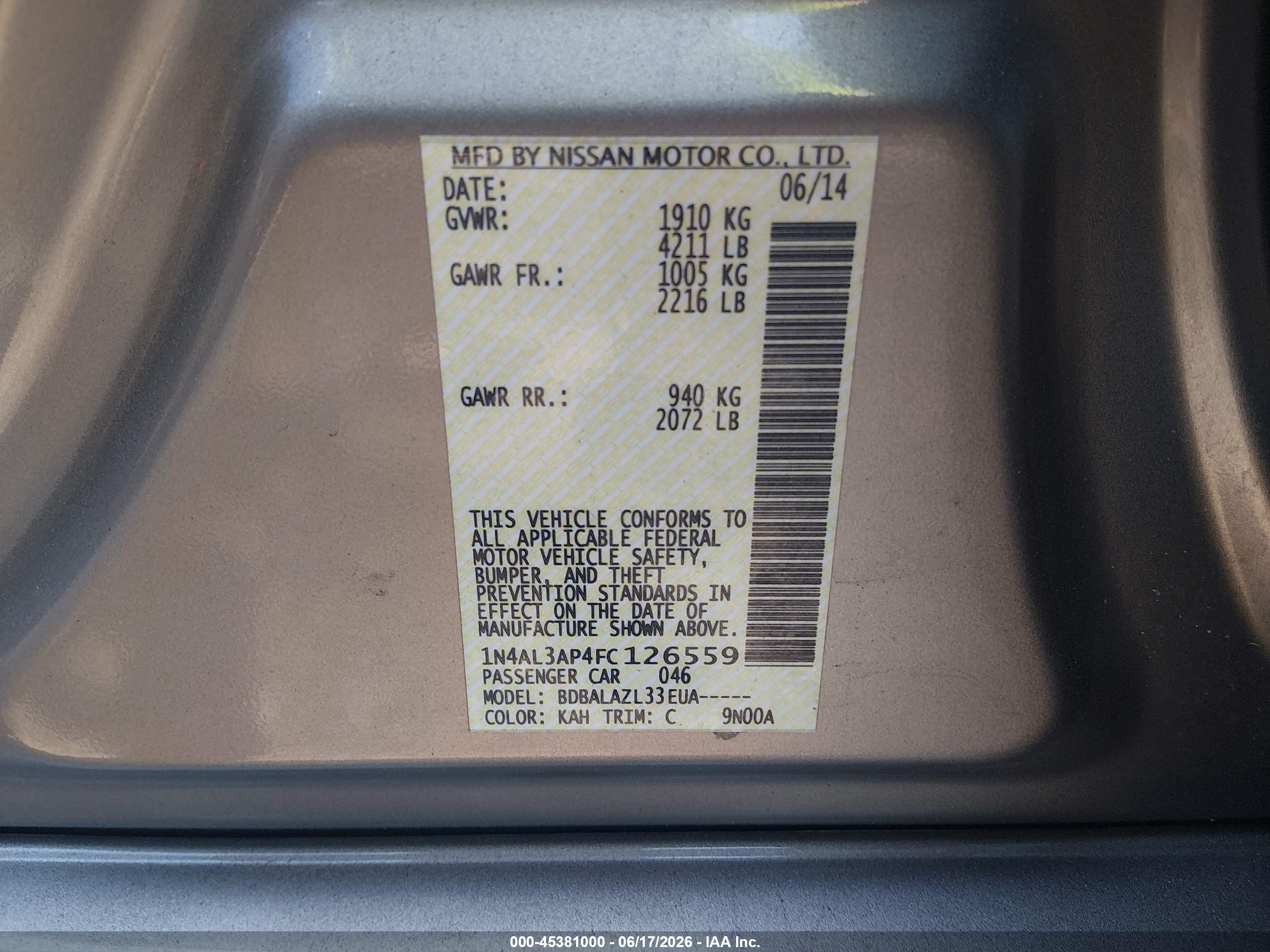 2015 Nissan Altima 2.5 Tan vin: 1N4AL3AP4FC126559
