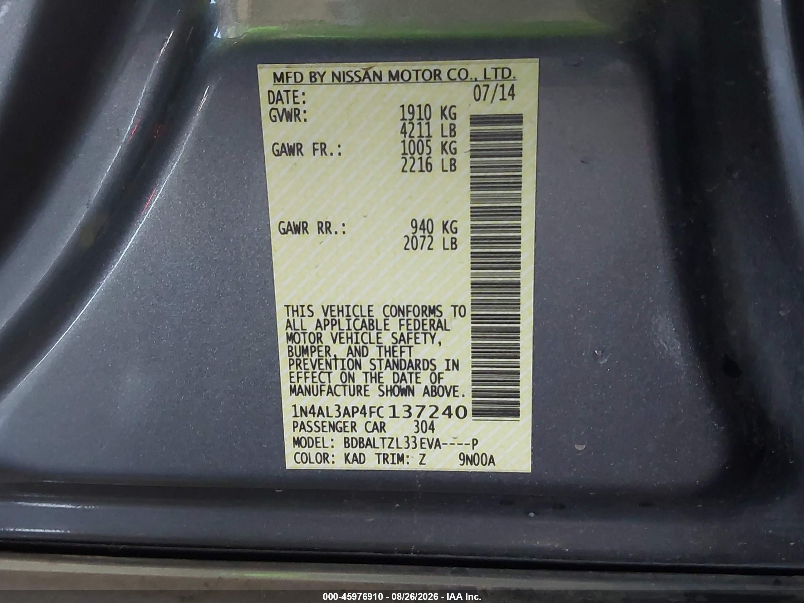 2015 Nissan Altima 2.5 Sl Серый vin: 1N4AL3AP4FC137240