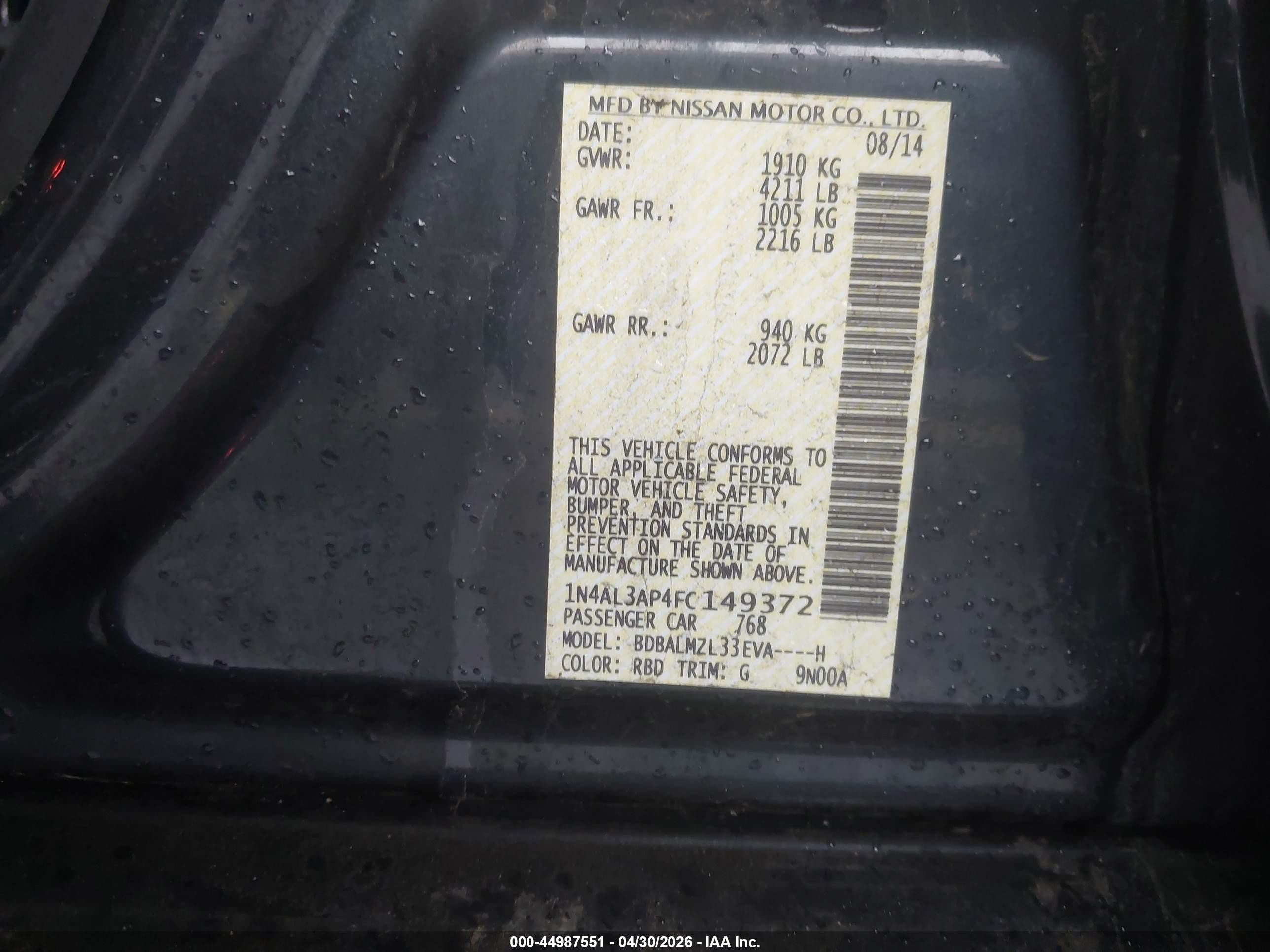 2015 Nissan Altima 2.5 Sv Blue vin: 1N4AL3AP4FC149372