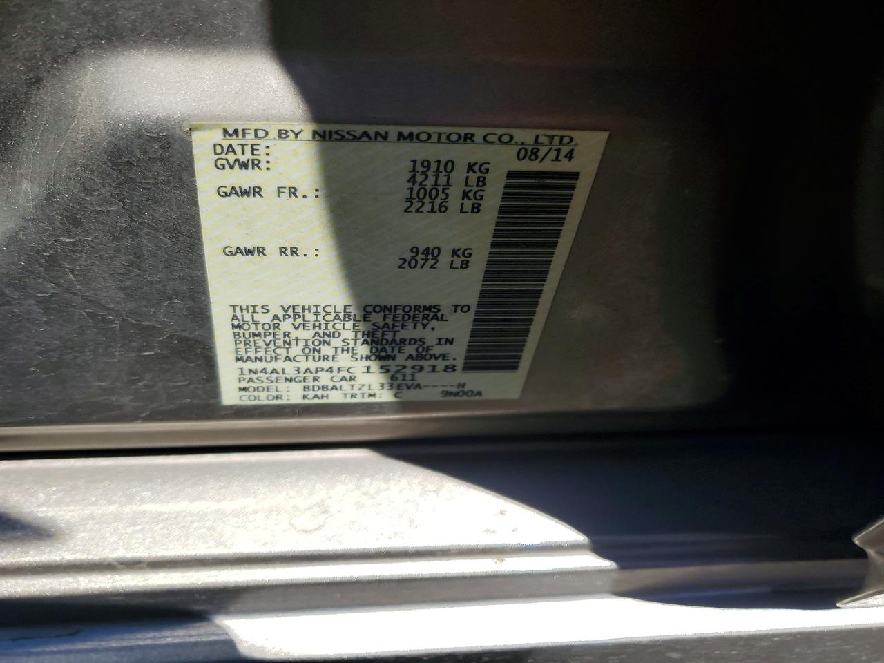 2015 Nissan Altima 2.5 Sl Tan vin: 1N4AL3AP4FC152918