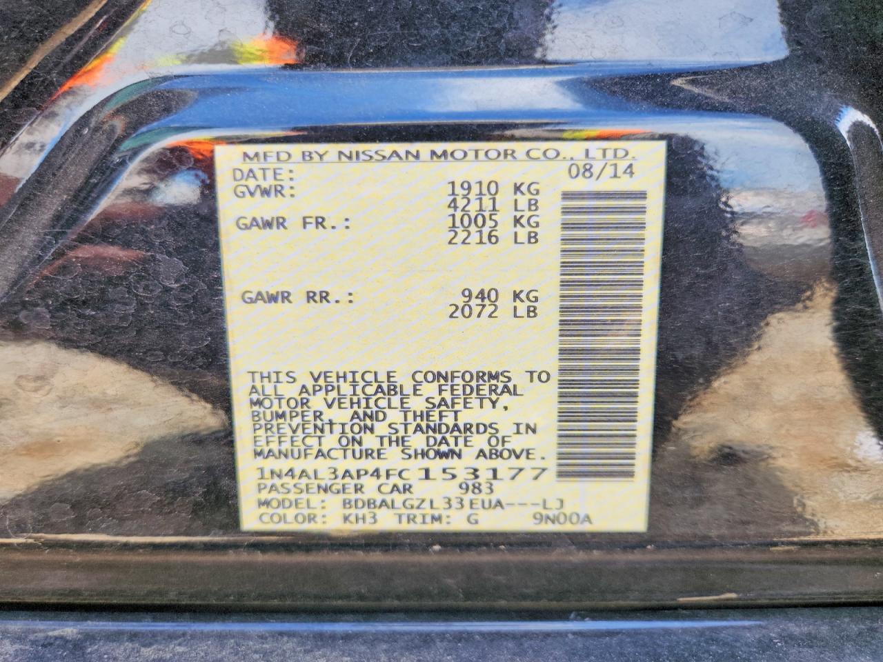 2015 Nissan Altima 2.5 S Black vin: 1N4AL3AP4FC153177