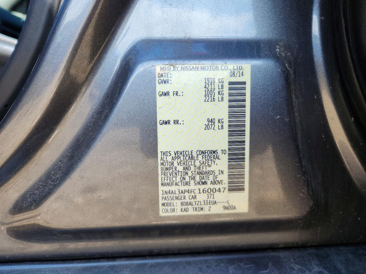 2015 Nissan Altima 2.5 Sl Серый vin: 1N4AL3AP4FC160047