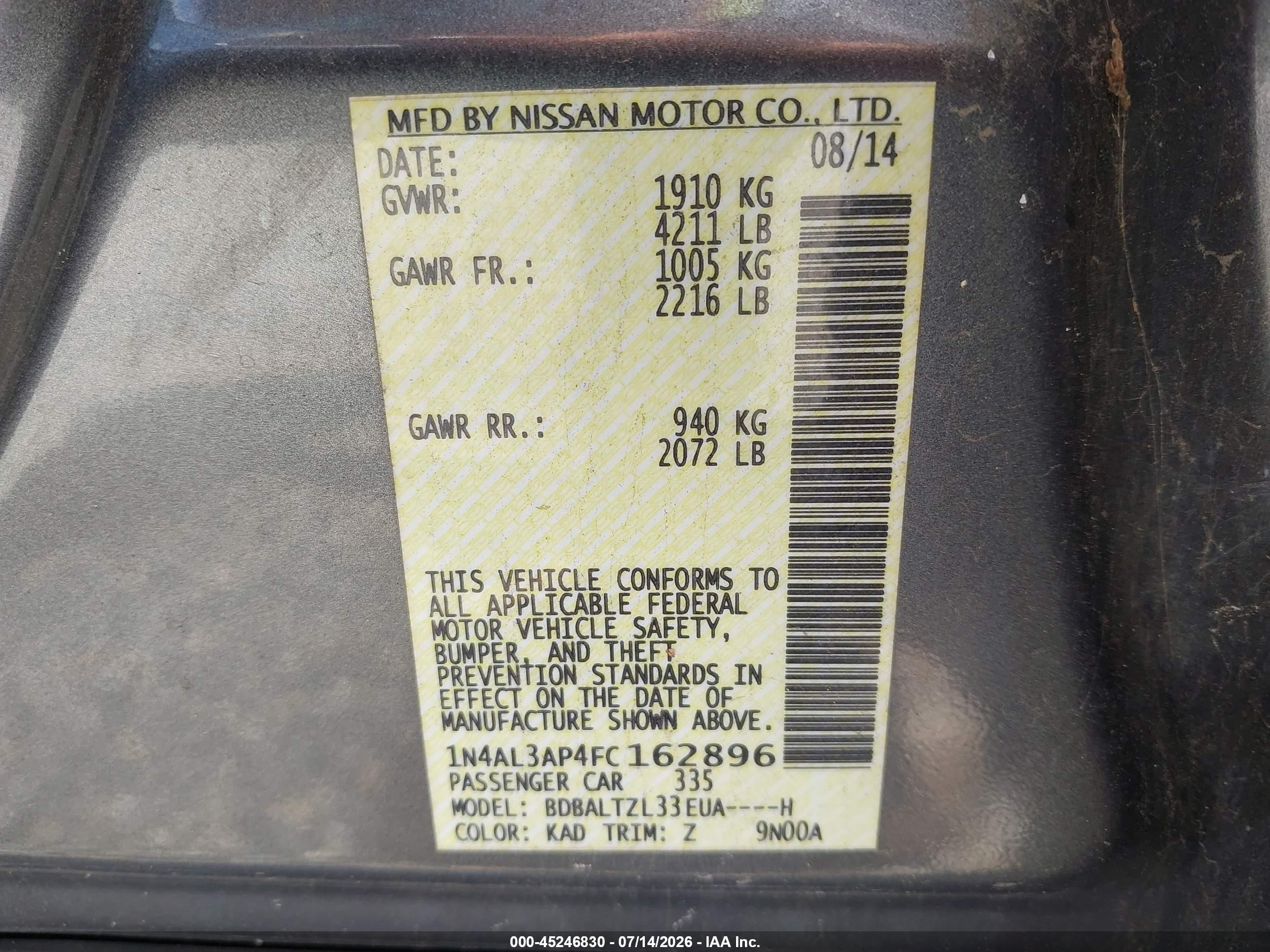 2015 Nissan Altima 2.5 Sl Gray vin: 1N4AL3AP4FC162896