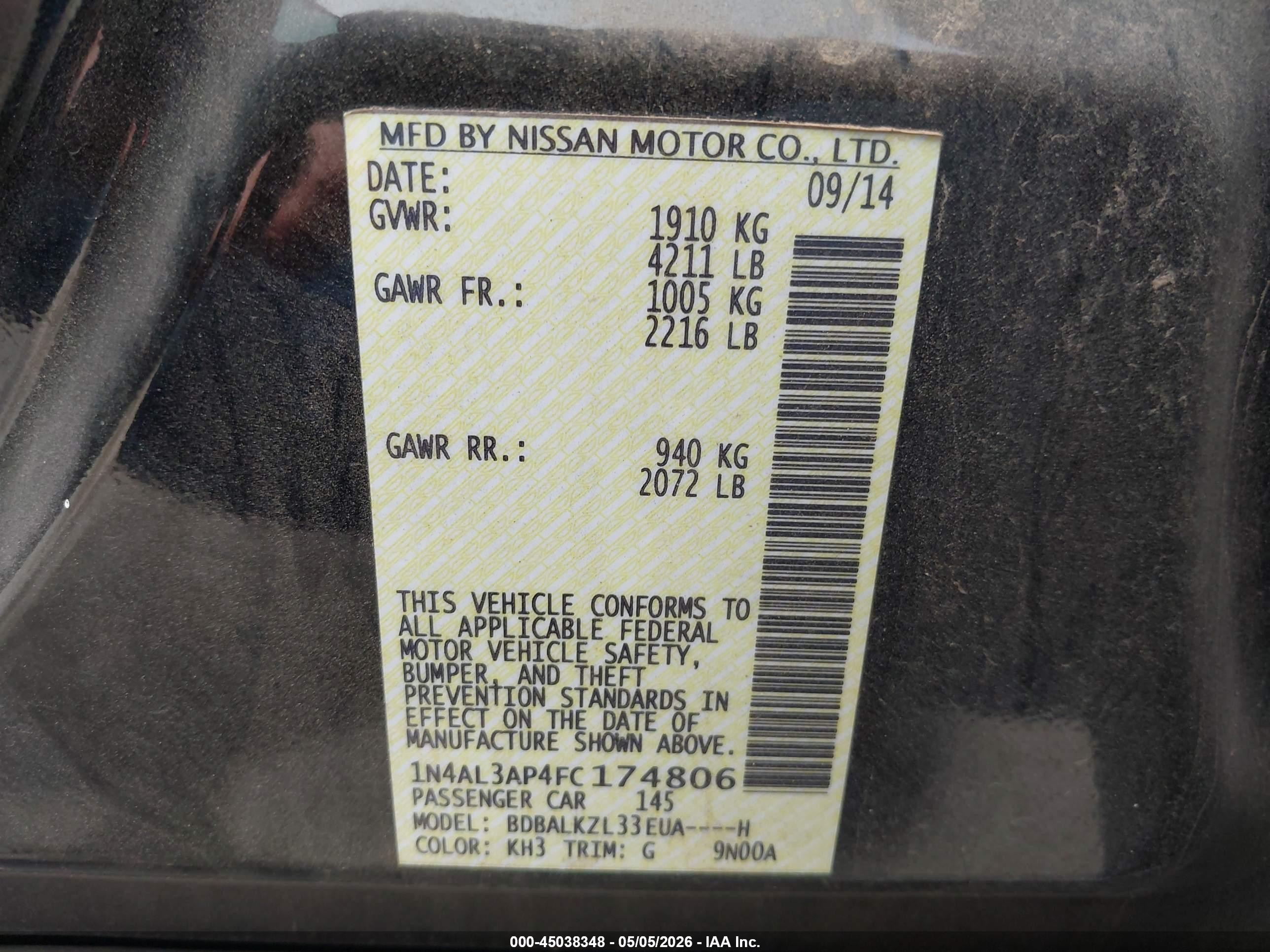 2015 Nissan Altima 2.5 Sv Black vin: 1N4AL3AP4FC174806