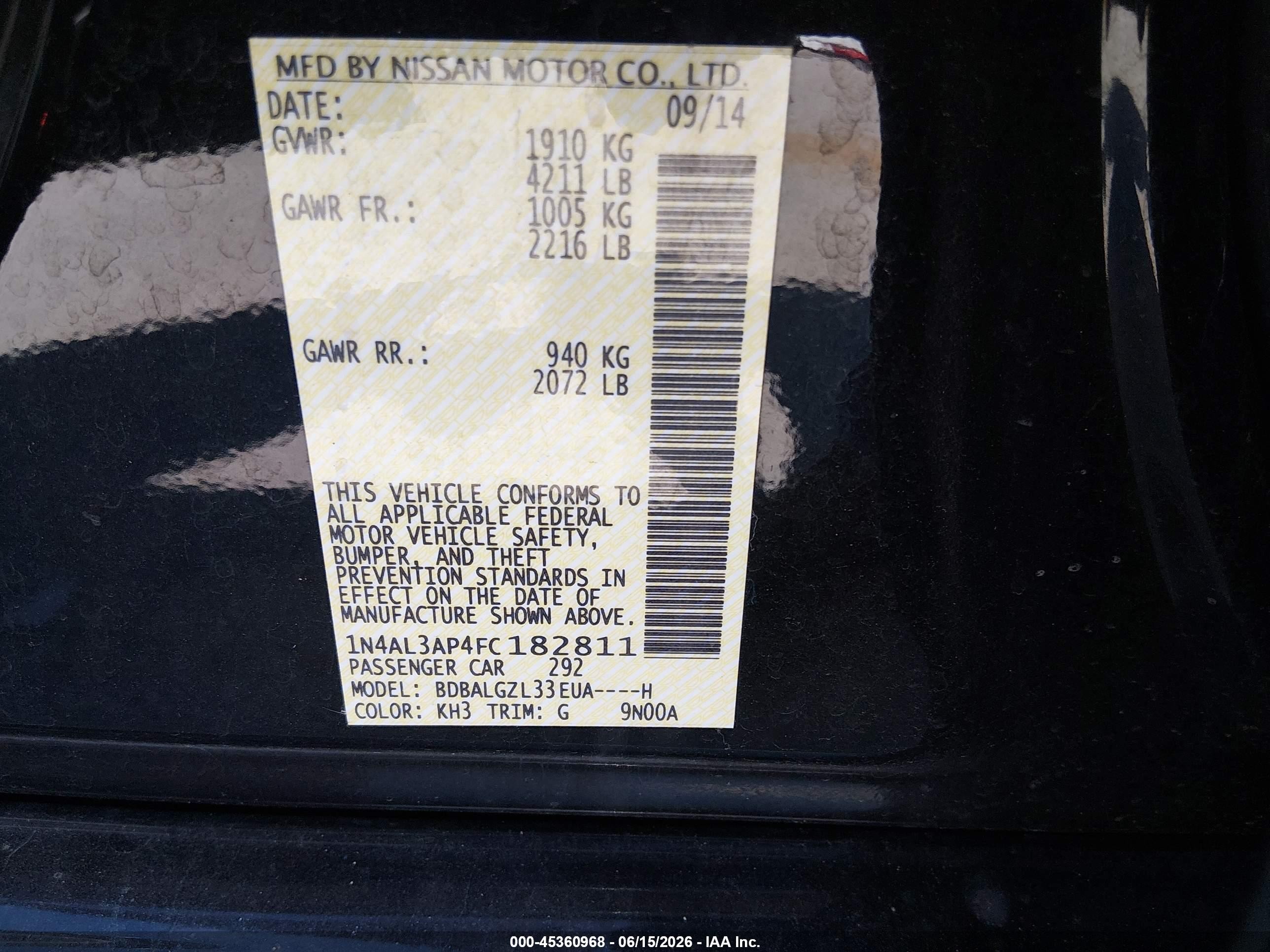 2015 Nissan Altima 2.5 S Black vin: 1N4AL3AP4FC182811