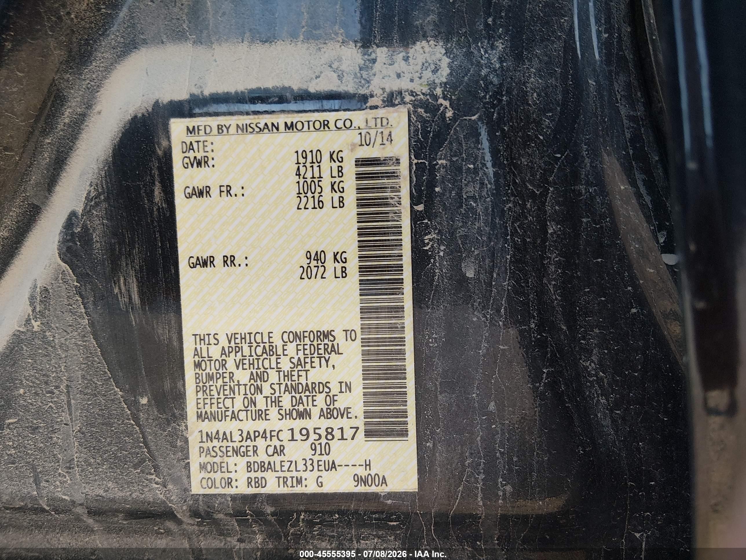 2015 Nissan Altima 2.5 S Black vin: 1N4AL3AP4FC195817