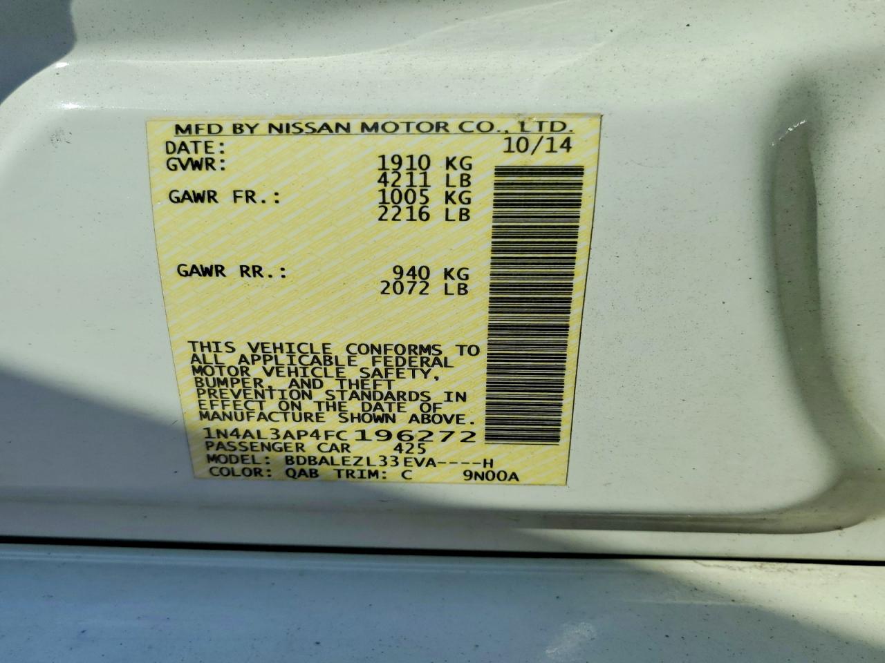 2015 Nissan Altima 2.5 S White vin: 1N4AL3AP4FC196272