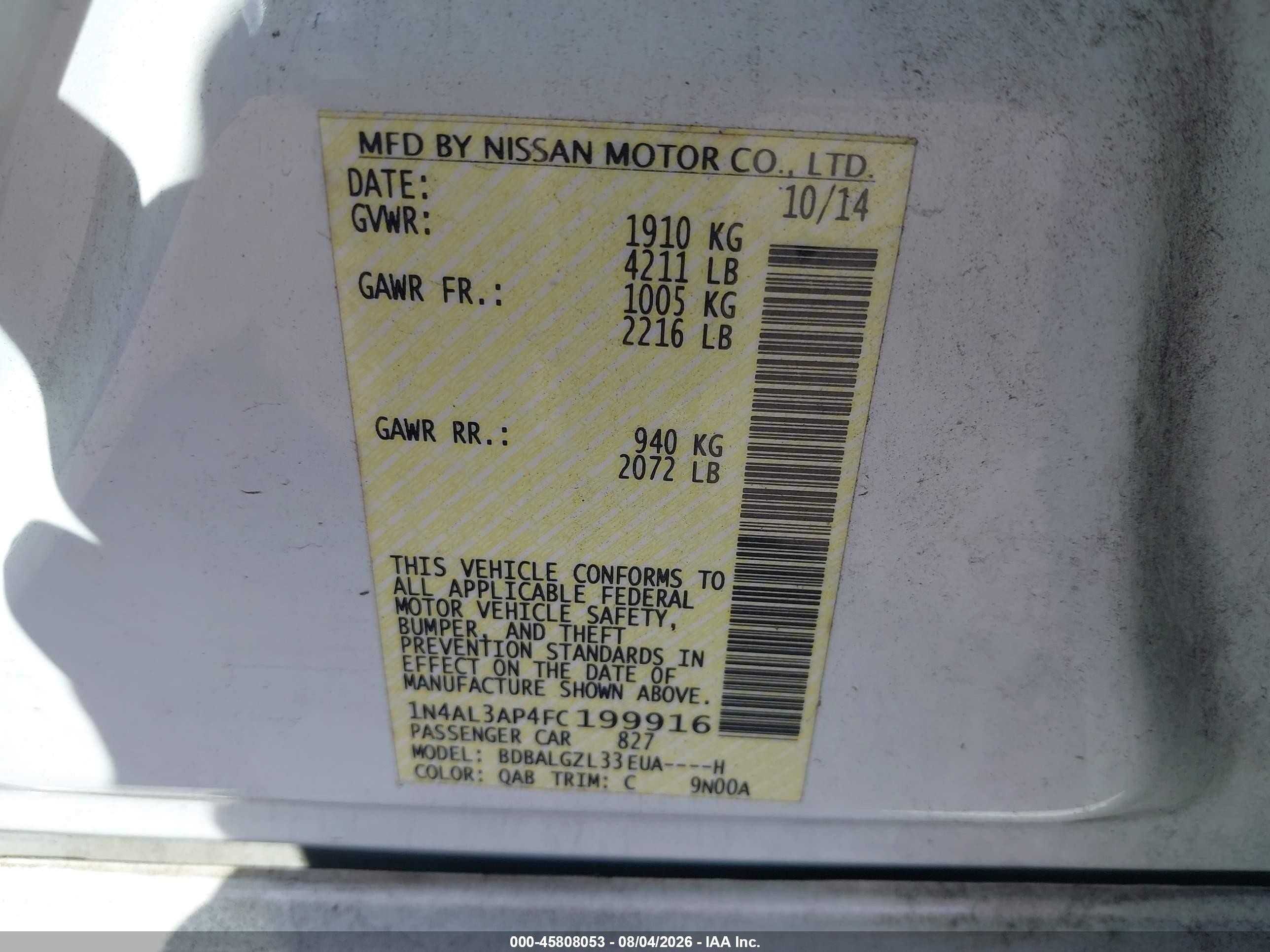 2015 Nissan Altima 2.5 S White vin: 1N4AL3AP4FC199916
