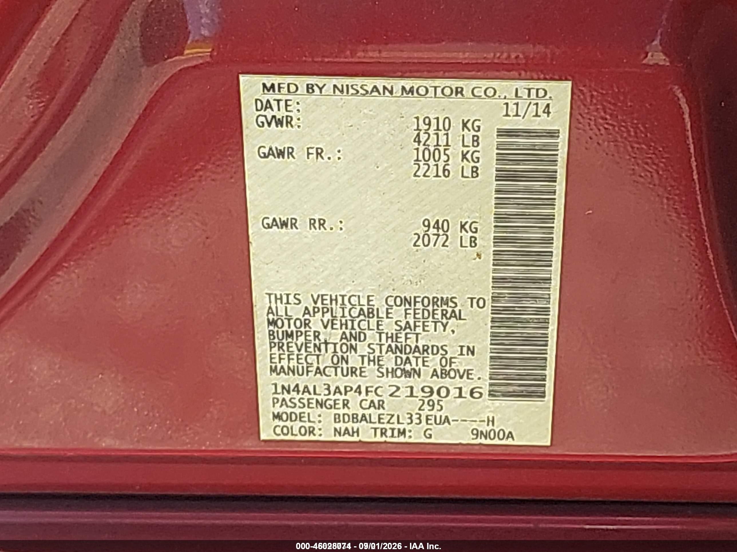 2015 Nissan Altima 2.5 S Red vin: 1N4AL3AP4FC219016