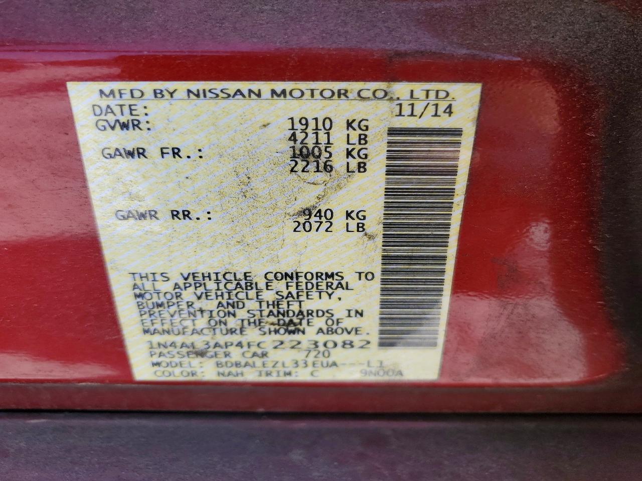 2015 Nissan Altima 2.5 S Red vin: 1N4AL3AP4FC223082