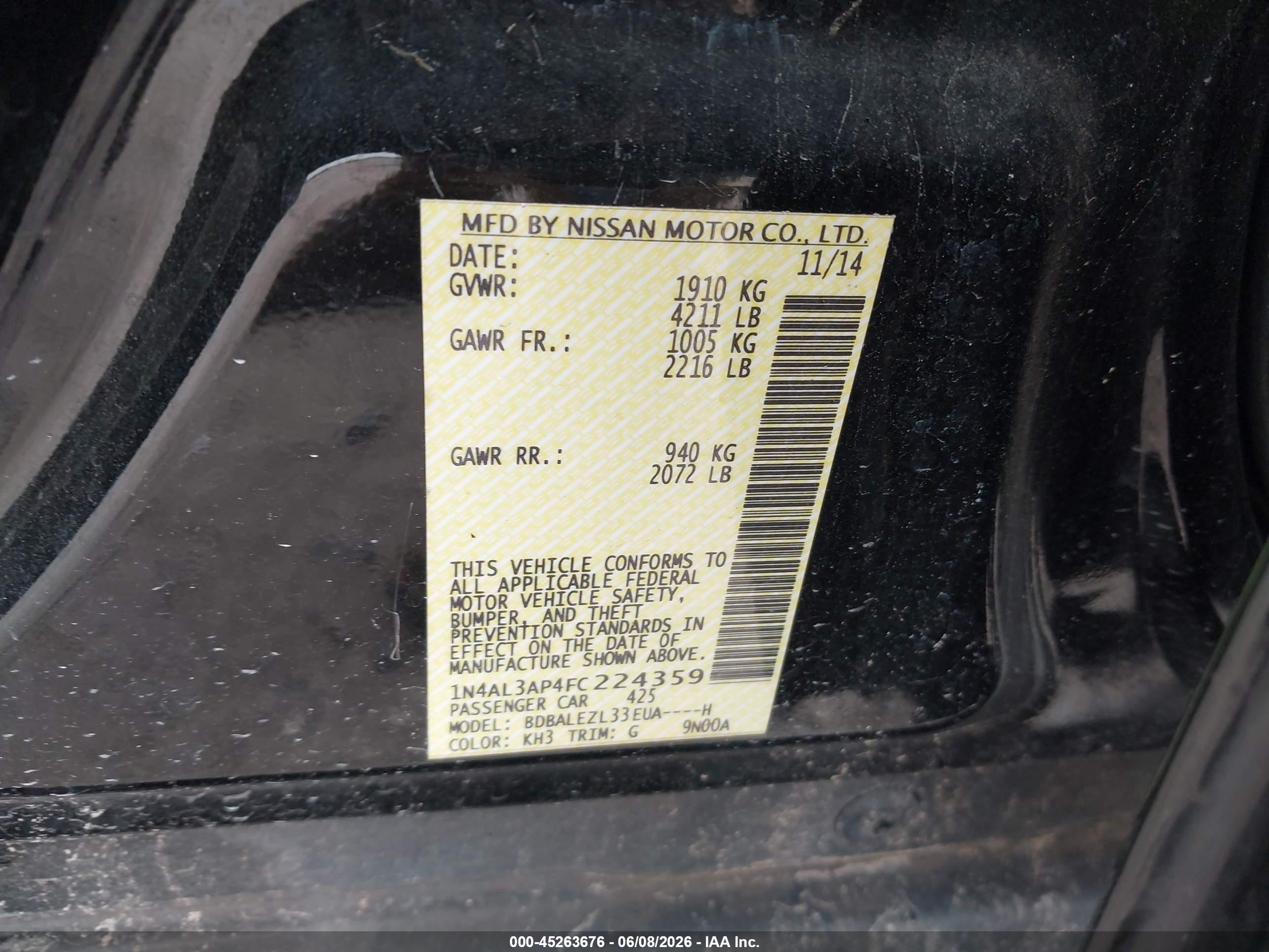 2015 Nissan Altima 2.5 S Black vin: 1N4AL3AP4FC224359