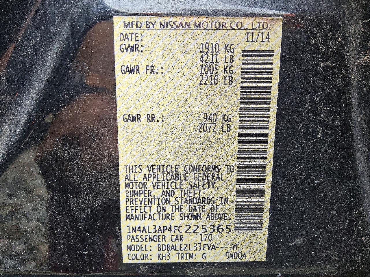 2015 Nissan Altima 2.5 S Black vin: 1N4AL3AP4FC225365