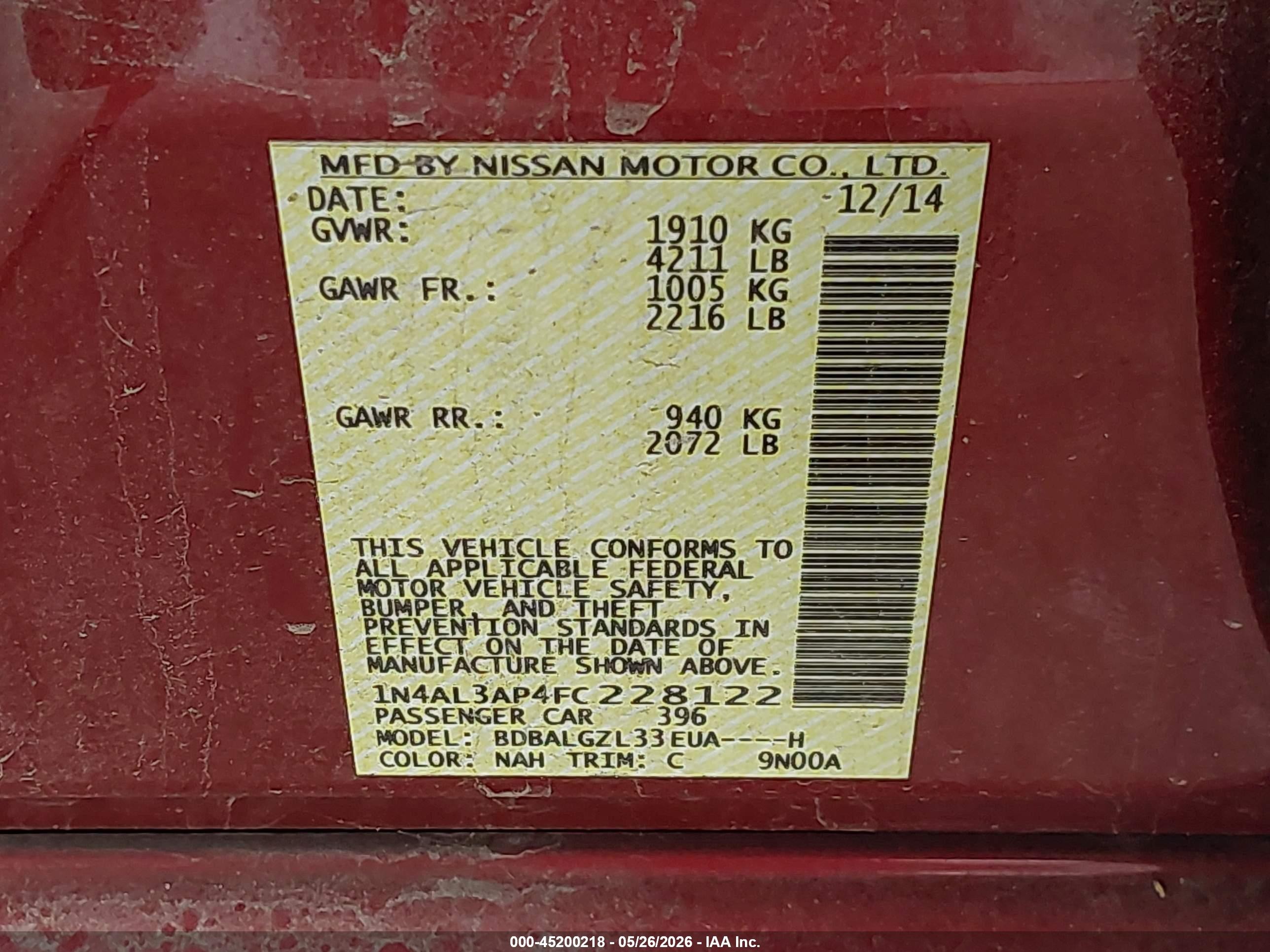 2015 Nissan Altima 2.5 S Red vin: 1N4AL3AP4FC228122