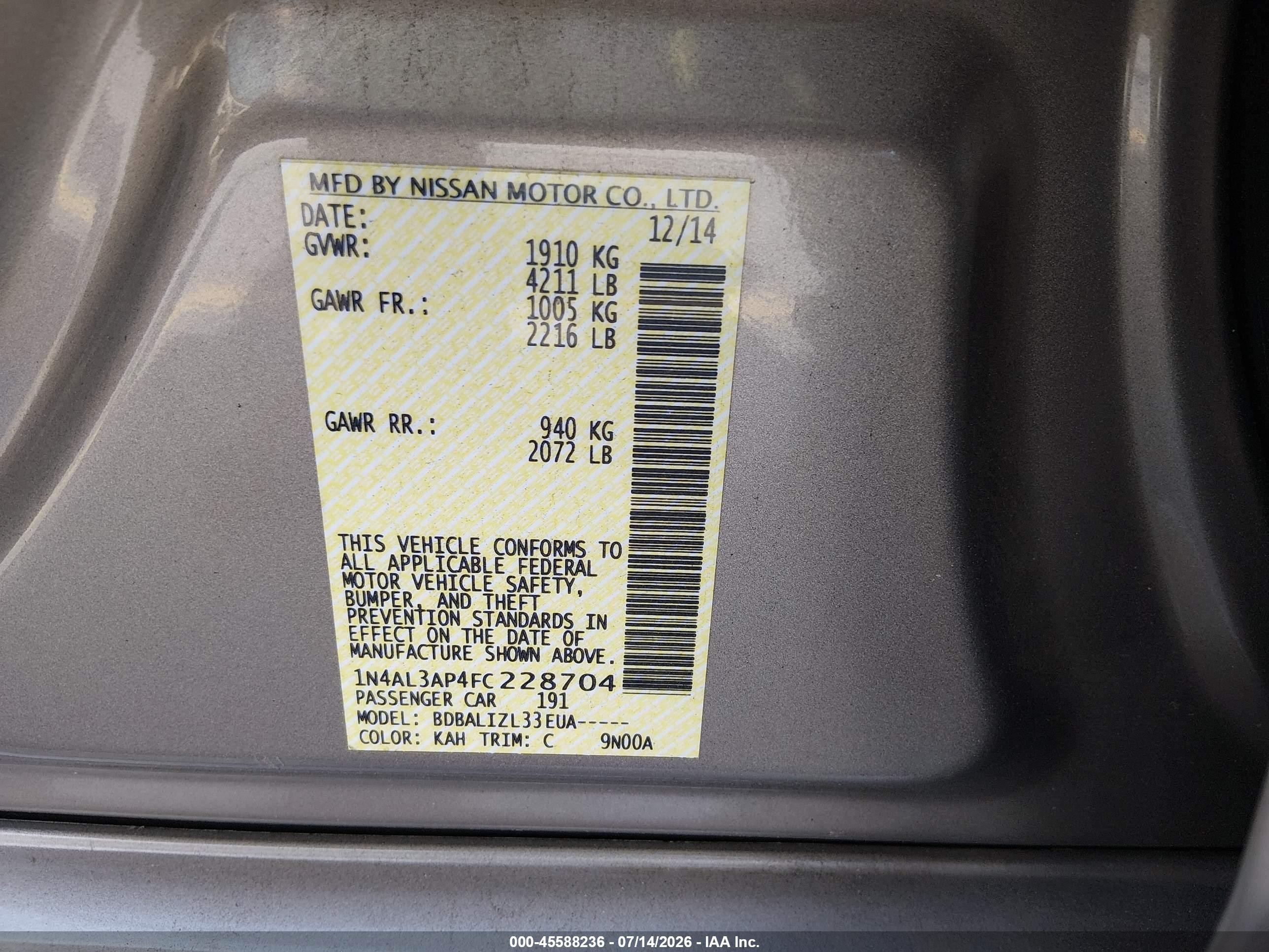 2015 Nissan Altima 2.5 Sv Beige vin: 1N4AL3AP4FC228704