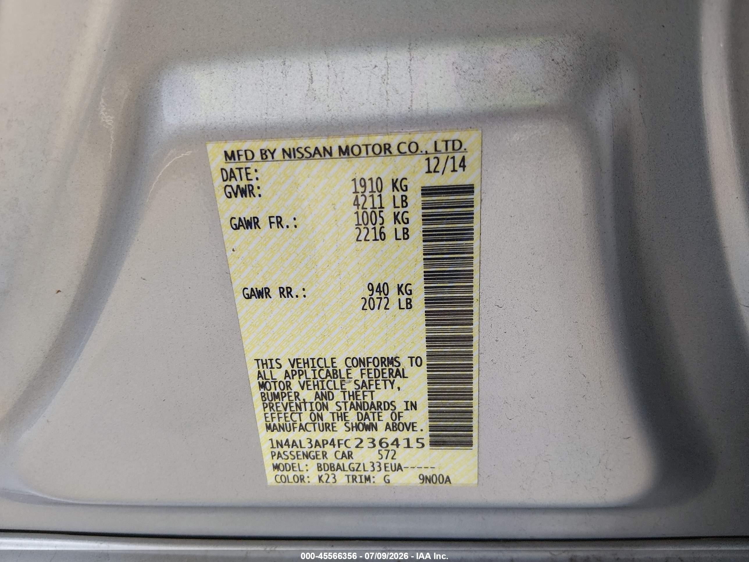 2015 Nissan Altima 2.5/2.5 S/2.5 Sl/2.5 Sv Silver vin: 1N4AL3AP4FC236415