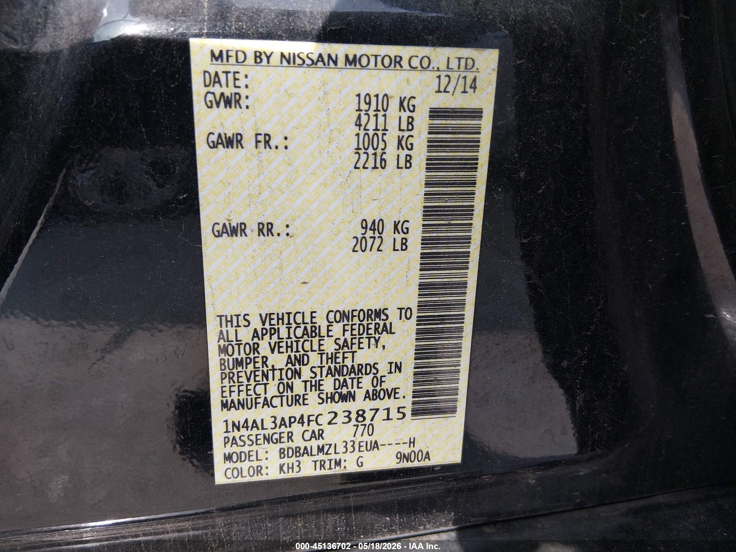 2015 Nissan Altima 2.5 Sv Black vin: 1N4AL3AP4FC238715