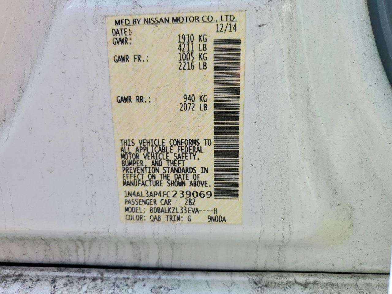 2015 Nissan Altima 2.5 Sv White vin: 1N4AL3AP4FC239069