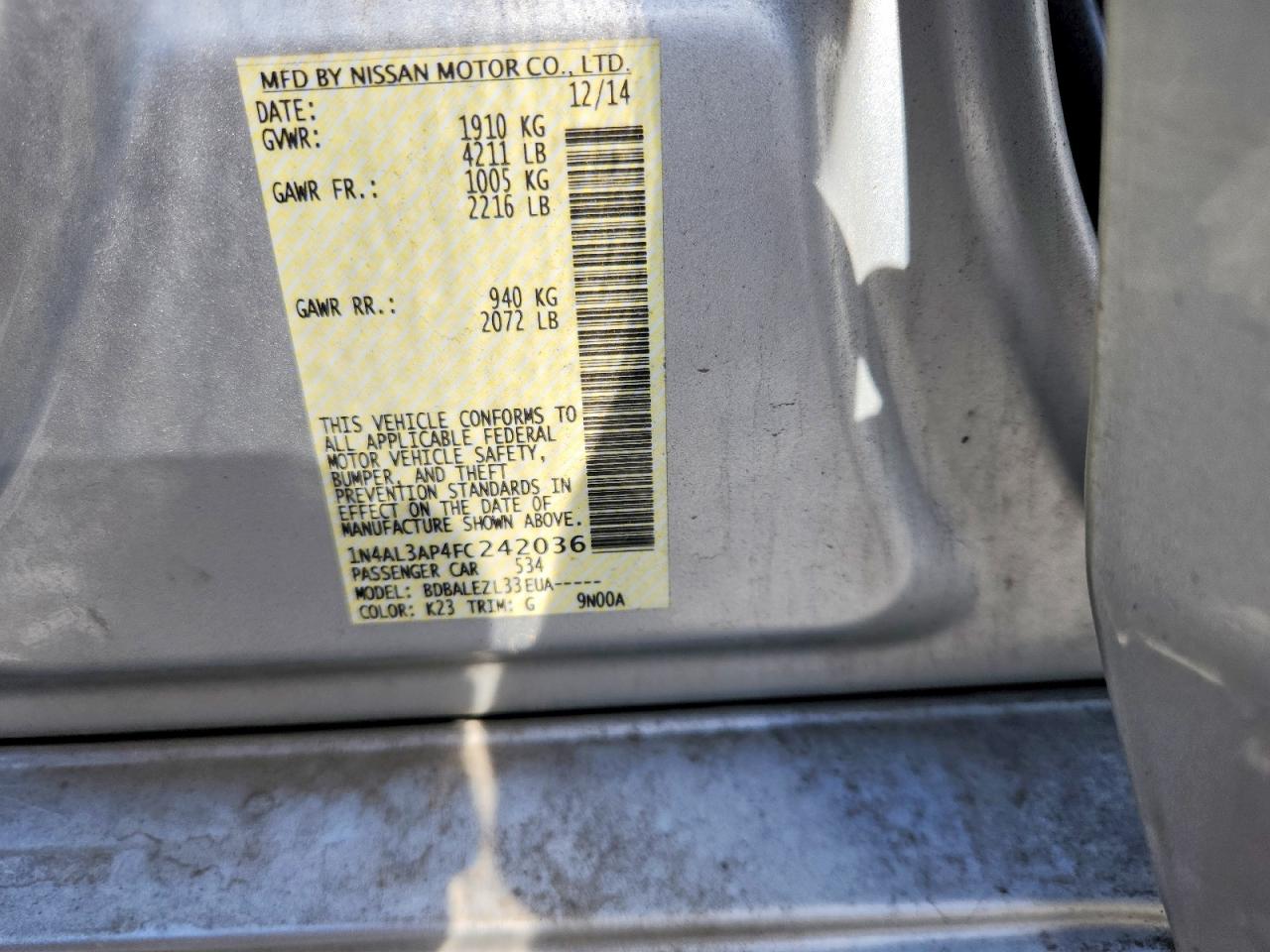 2015 Nissan Altima 2.5 S Серебряный vin: 1N4AL3AP4FC242036