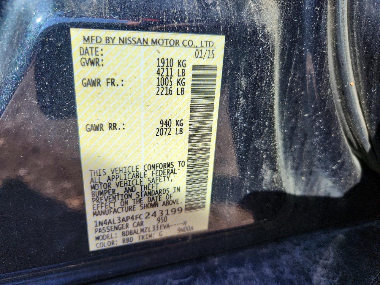 2015 Nissan Altima 2.5 Sv Gray vin: 1N4AL3AP4FC243199