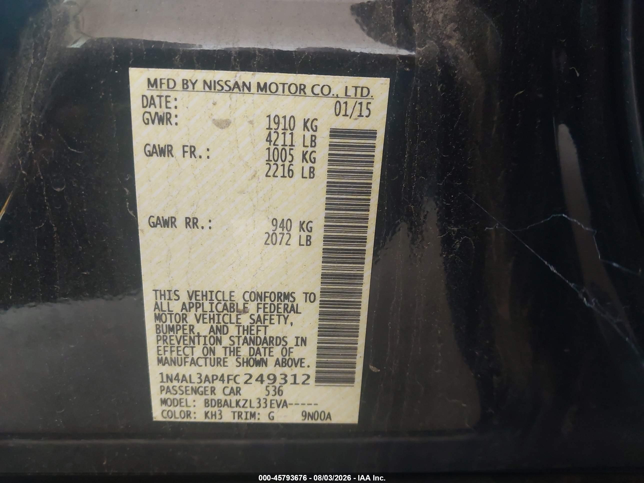 2015 Nissan Altima 2.5 Sv Черный vin: 1N4AL3AP4FC249312