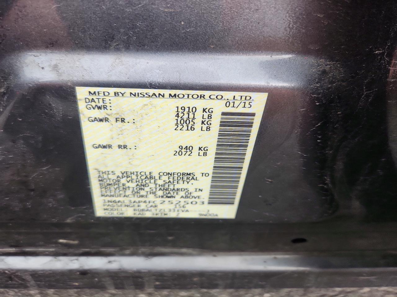 2015 Nissan Altima 2.5 Sl Gray vin: 1N4AL3AP4FC252503