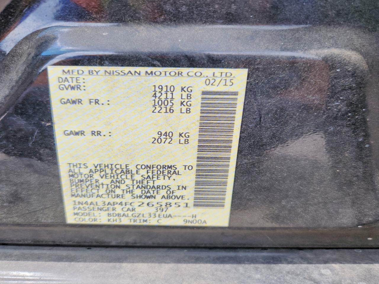 2015 Nissan Altima 2.5 S Черный vin: 1N4AL3AP4FC265851