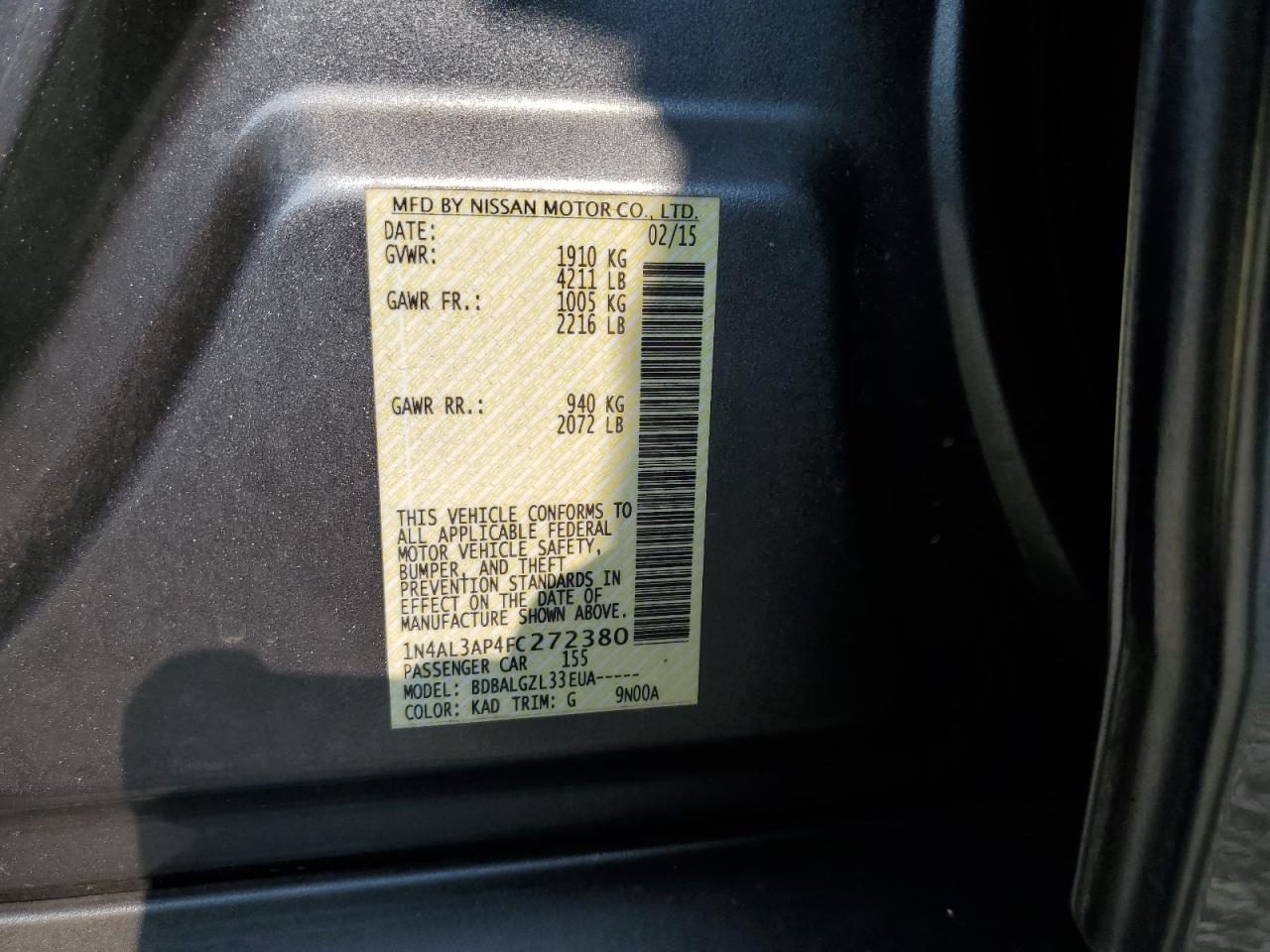 2015 Nissan Altima 2.5 Gray vin: 1N4AL3AP4FC272380
