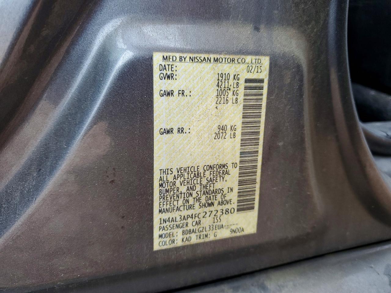 2015 Nissan Altima 2.5 S Gray vin: 1N4AL3AP4FC272380