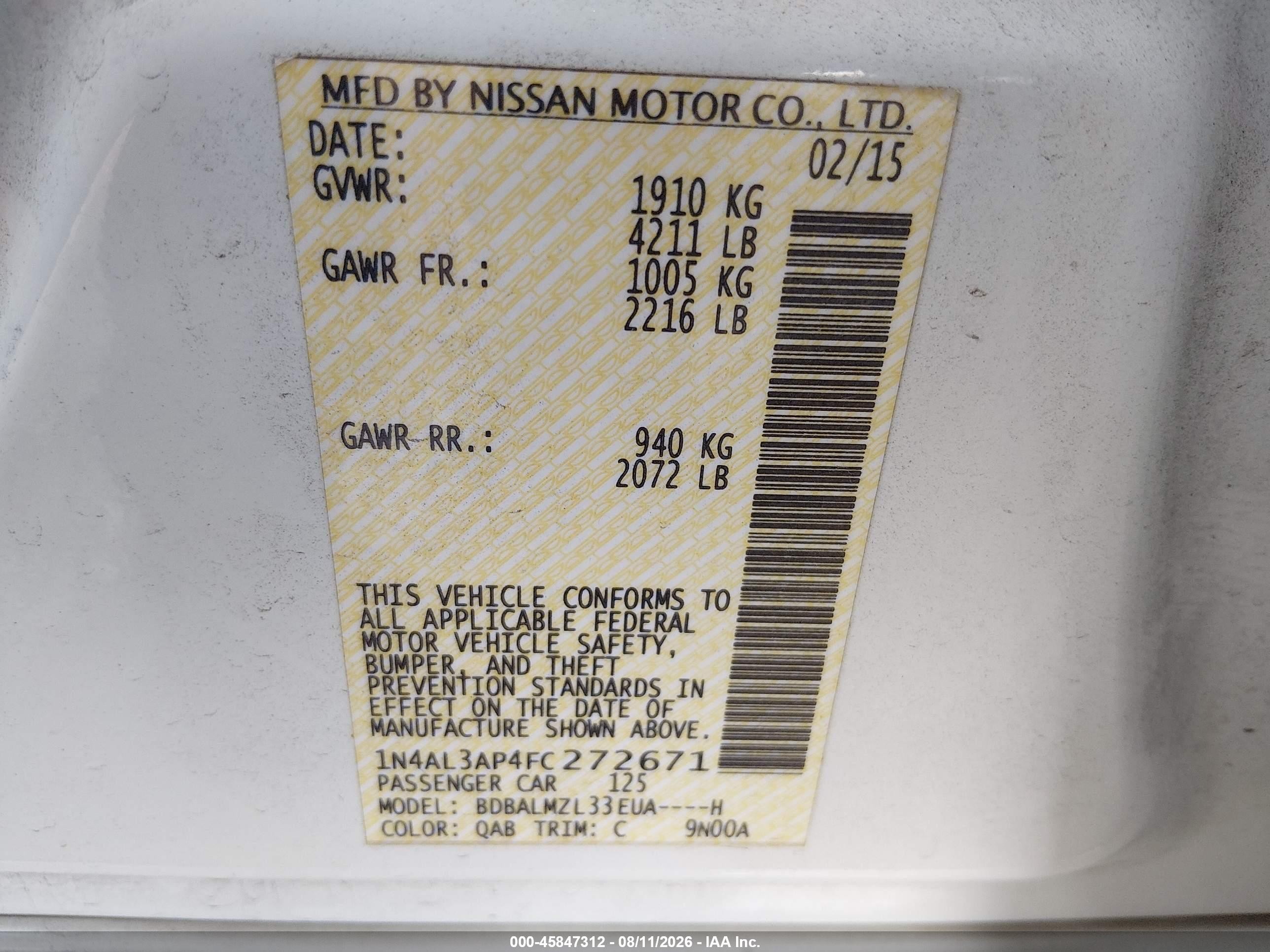 2015 Nissan Altima 2.5 Sv White vin: 1N4AL3AP4FC272671