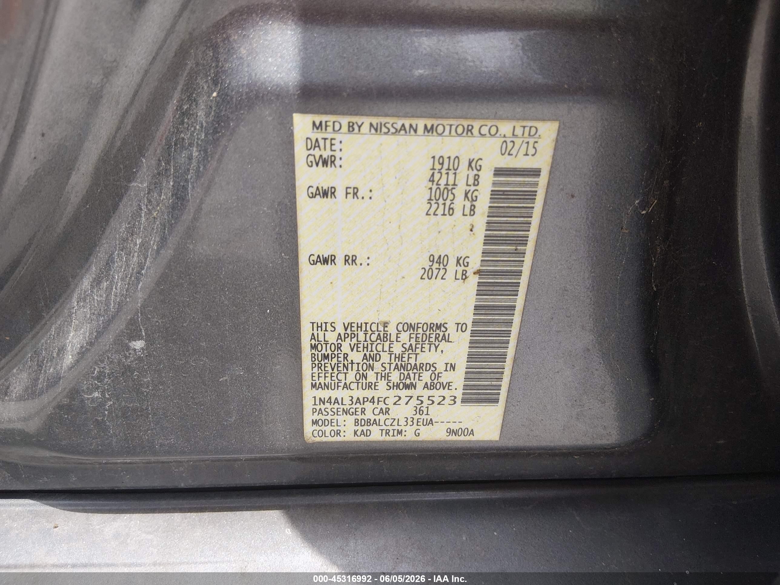 2015 Nissan Altima 2.5/2.5 S/2.5 Sl/2.5 Sv Gray vin: 1N4AL3AP4FC275523