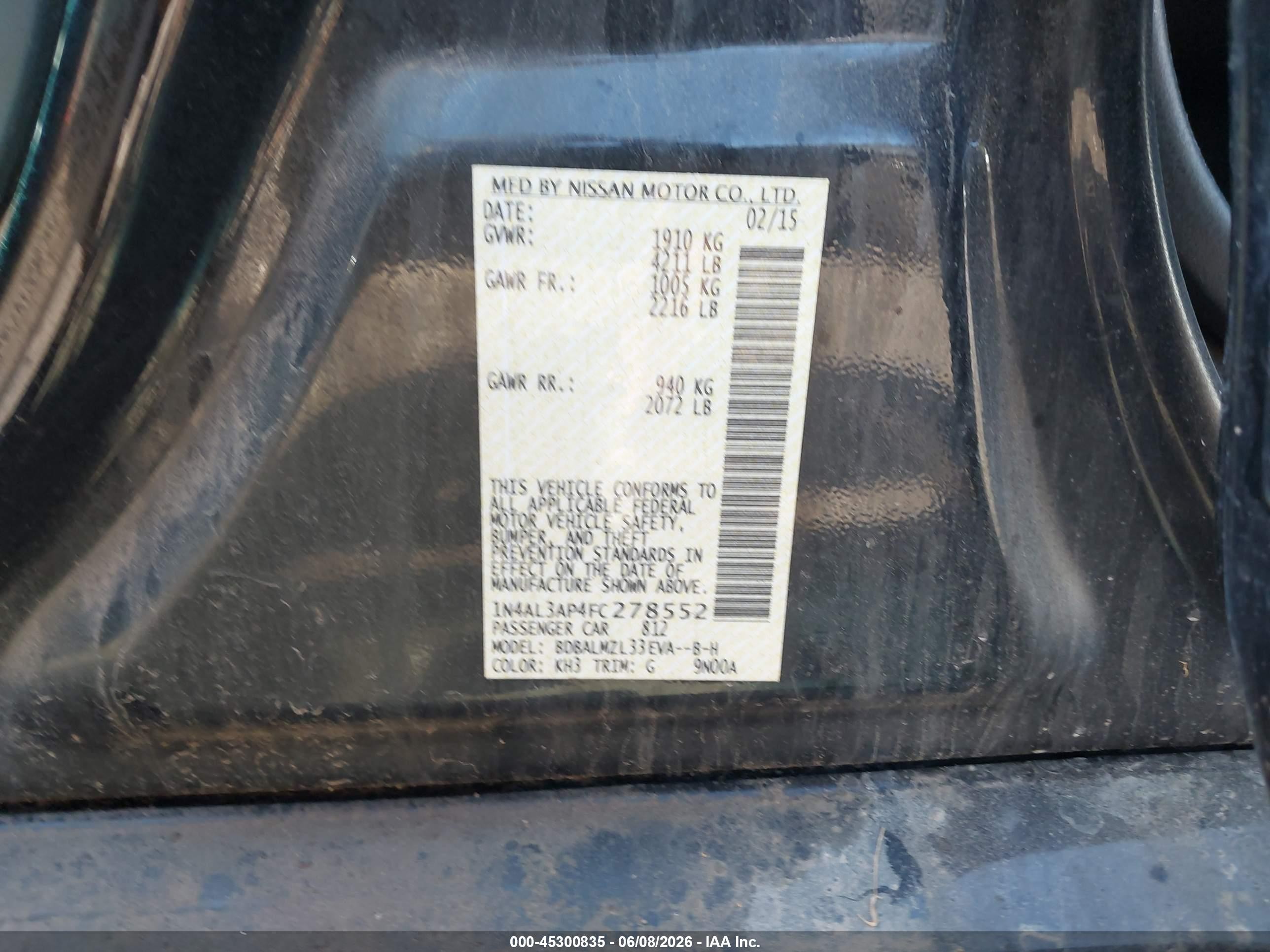 2015 Nissan Altima 2.5 Sv Black vin: 1N4AL3AP4FC278552