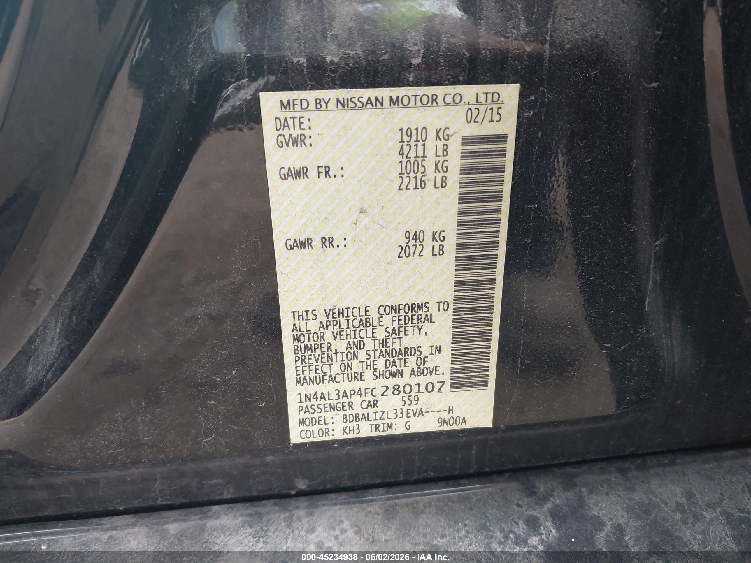 2015 Nissan Altima 2.5 Sv Black vin: 1N4AL3AP4FC280107