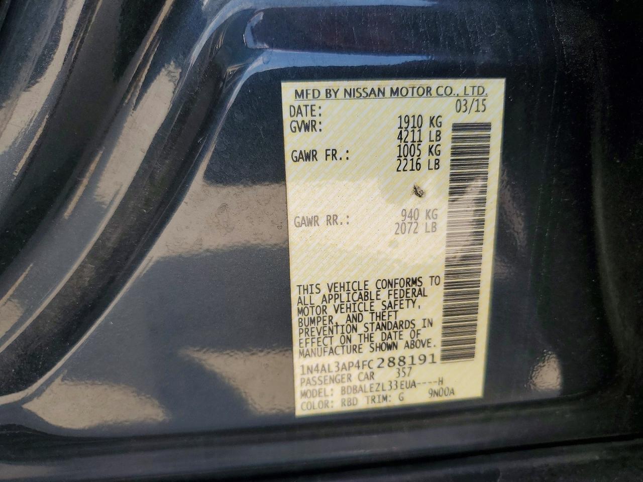 2015 Nissan Altima 2.5 S Black vin: 1N4AL3AP4FC288191