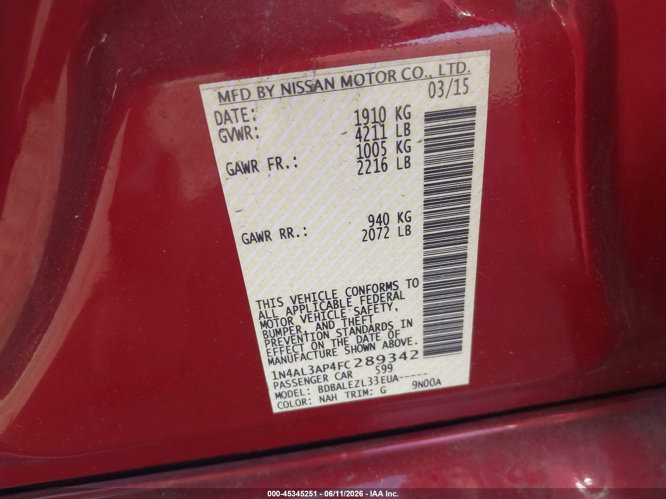 2015 Nissan Altima 2.5/2.5 S/2.5 Sl/2.5 Sv Red vin: 1N4AL3AP4FC289342