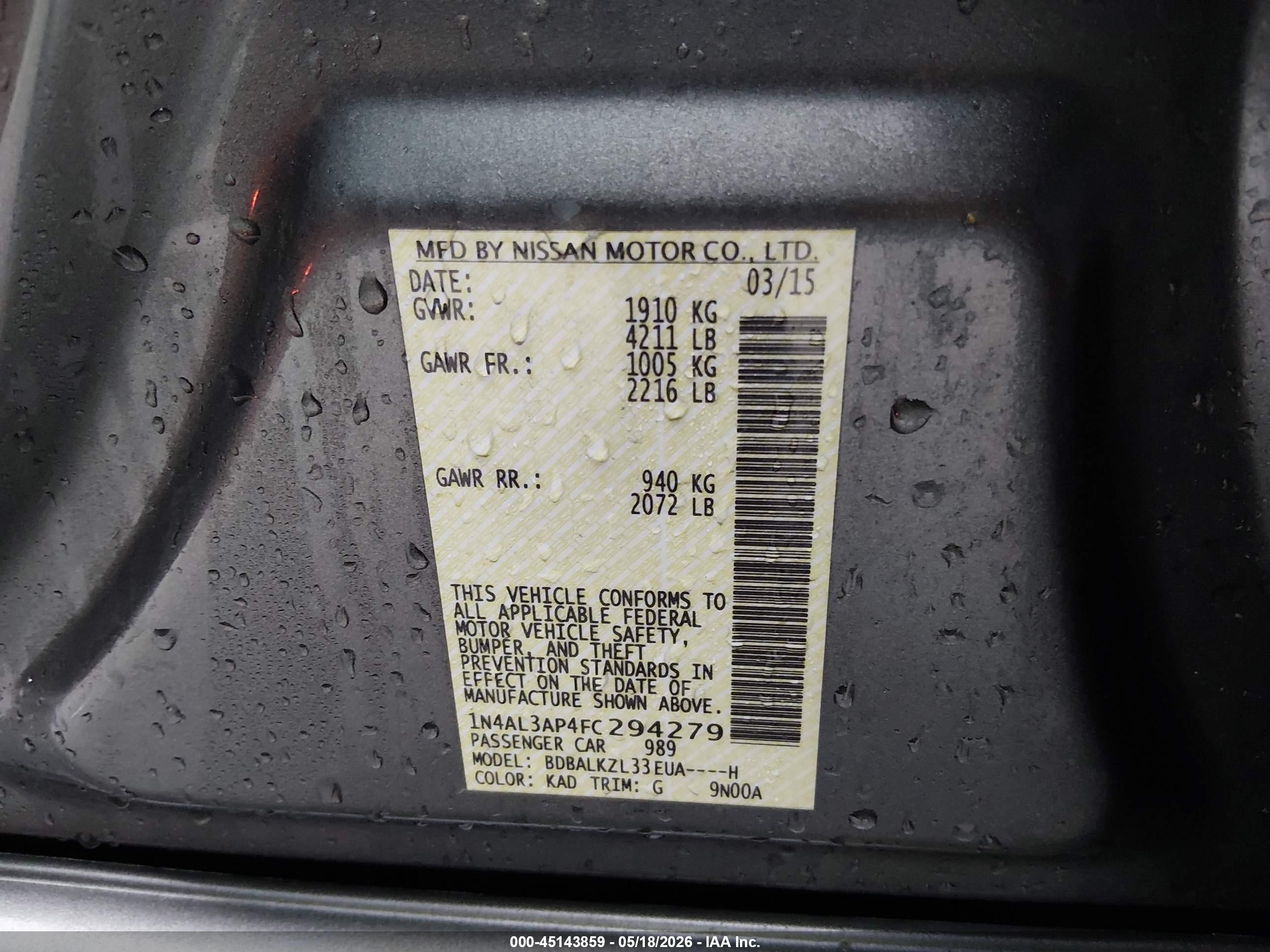 2015 Nissan Altima 2.5 Sv Gray vin: 1N4AL3AP4FC294279