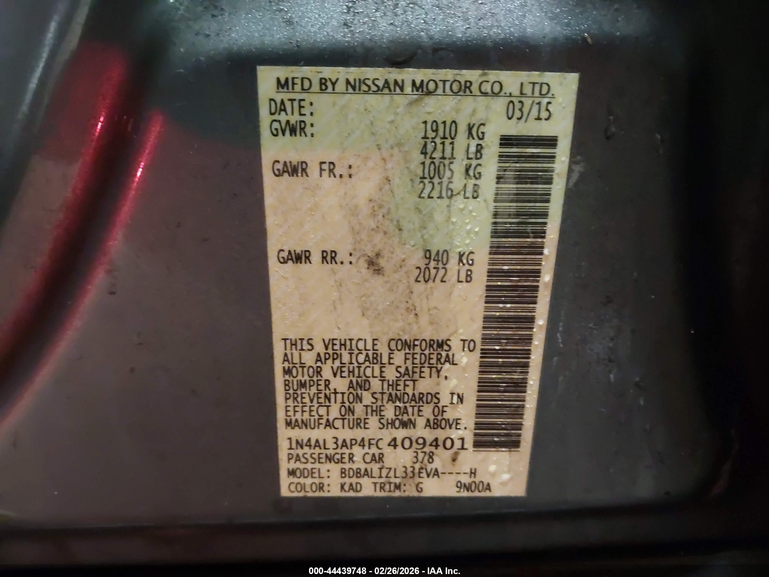 2015 Nissan Altima 2.5 Sv Gray vin: 1N4AL3AP4FC409401