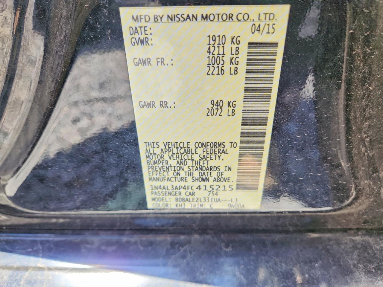 2015 Nissan Altima 2.5 S Black vin: 1N4AL3AP4FC415215