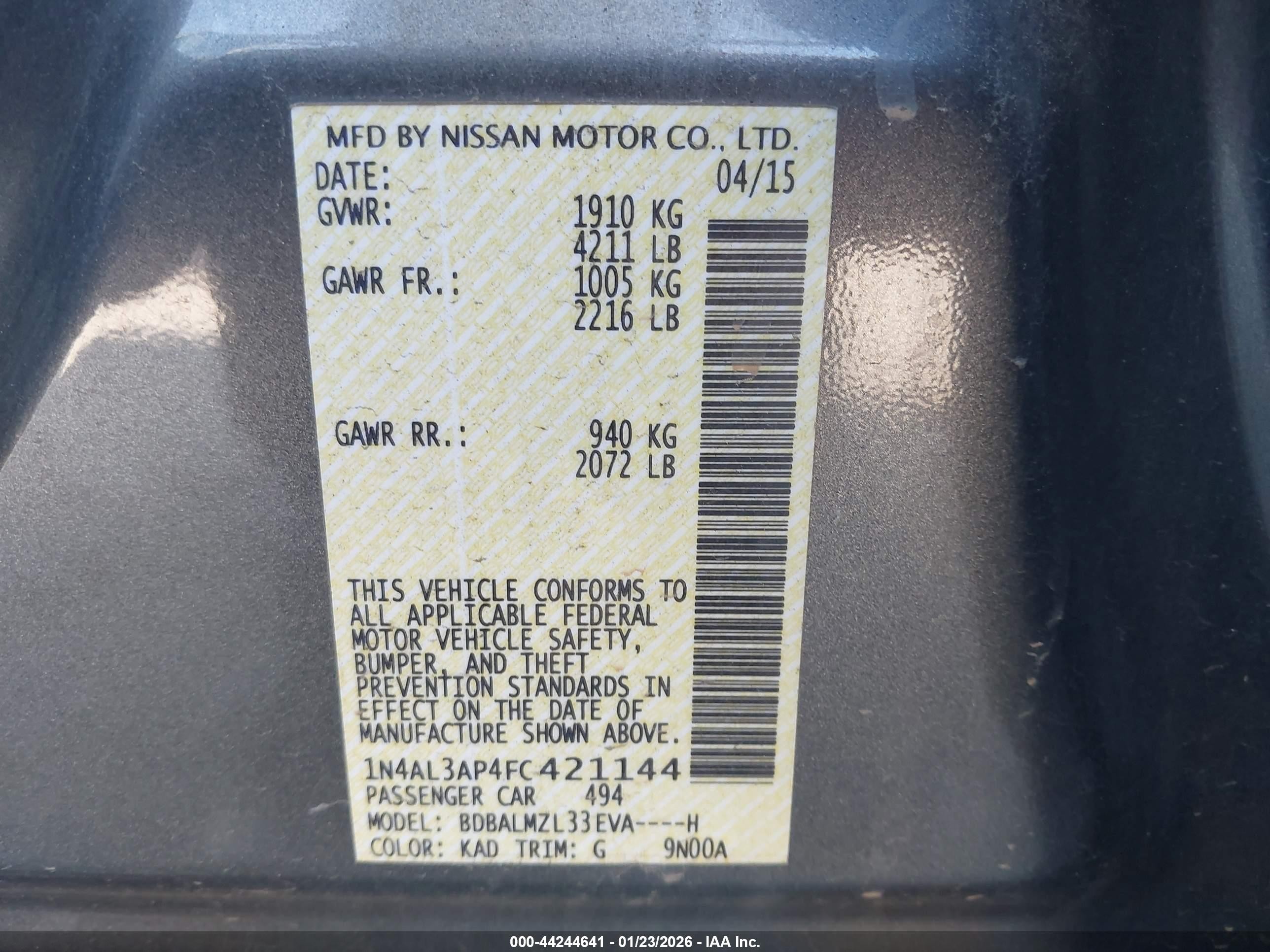 2015 Nissan Altima 2.5 Sv Gray vin: 1N4AL3AP4FC421144