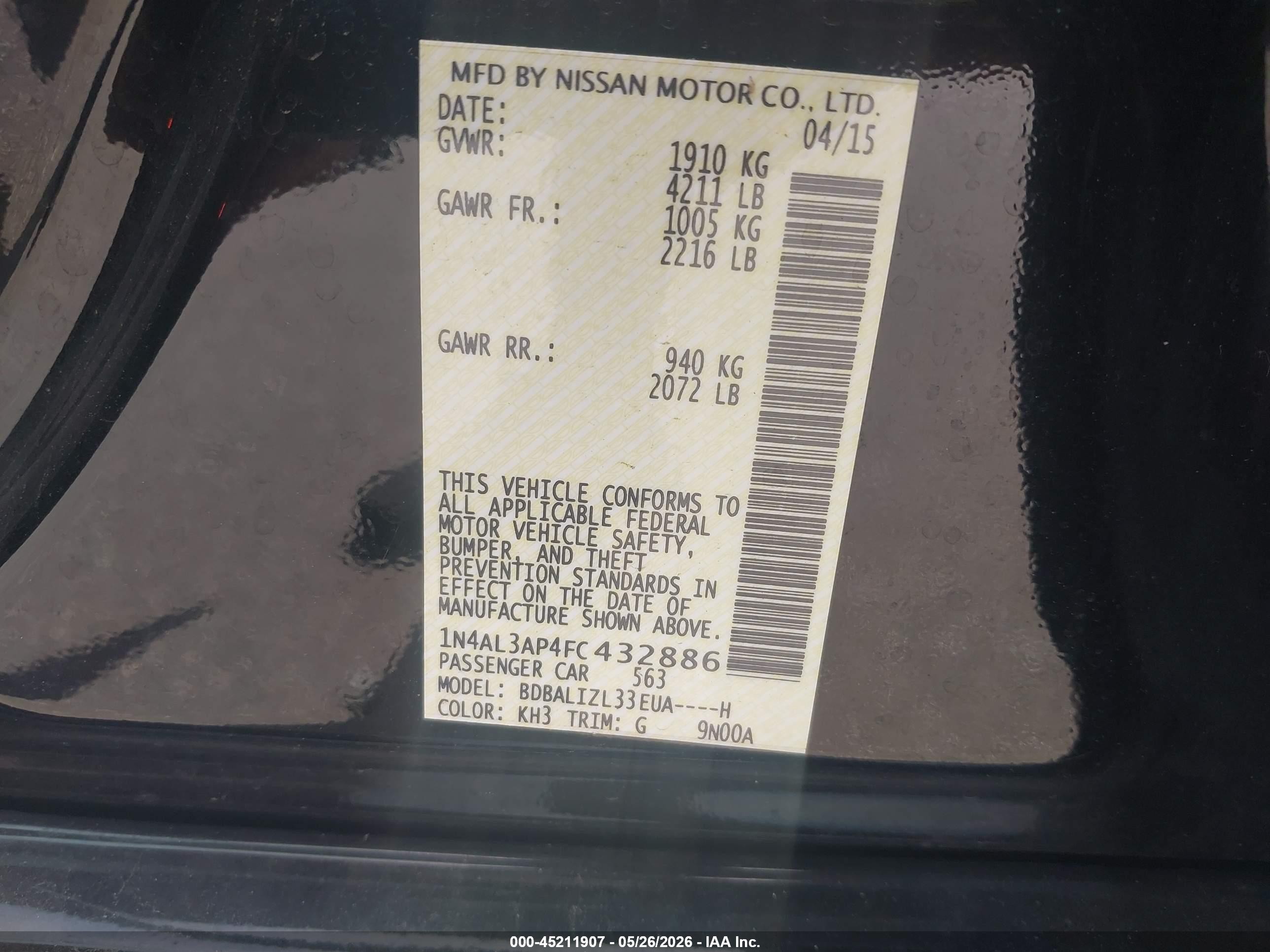 2015 Nissan Altima 2.5 Sv Black vin: 1N4AL3AP4FC432886