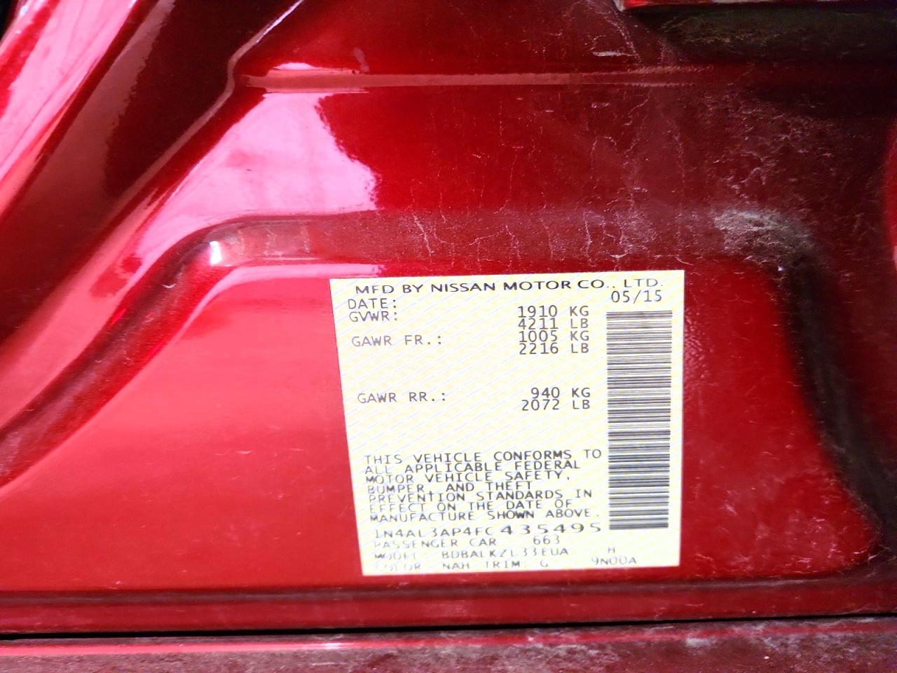 2015 Nissan Altima 2.5 Sv Red vin: 1N4AL3AP4FC435495