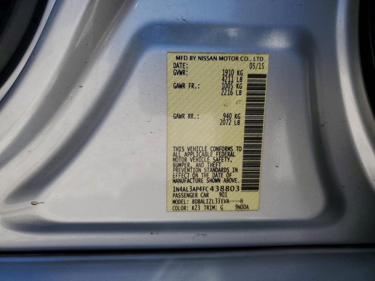 2015 Nissan Altima 2.5 Sv Gray vin: 1N4AL3AP4FC438803