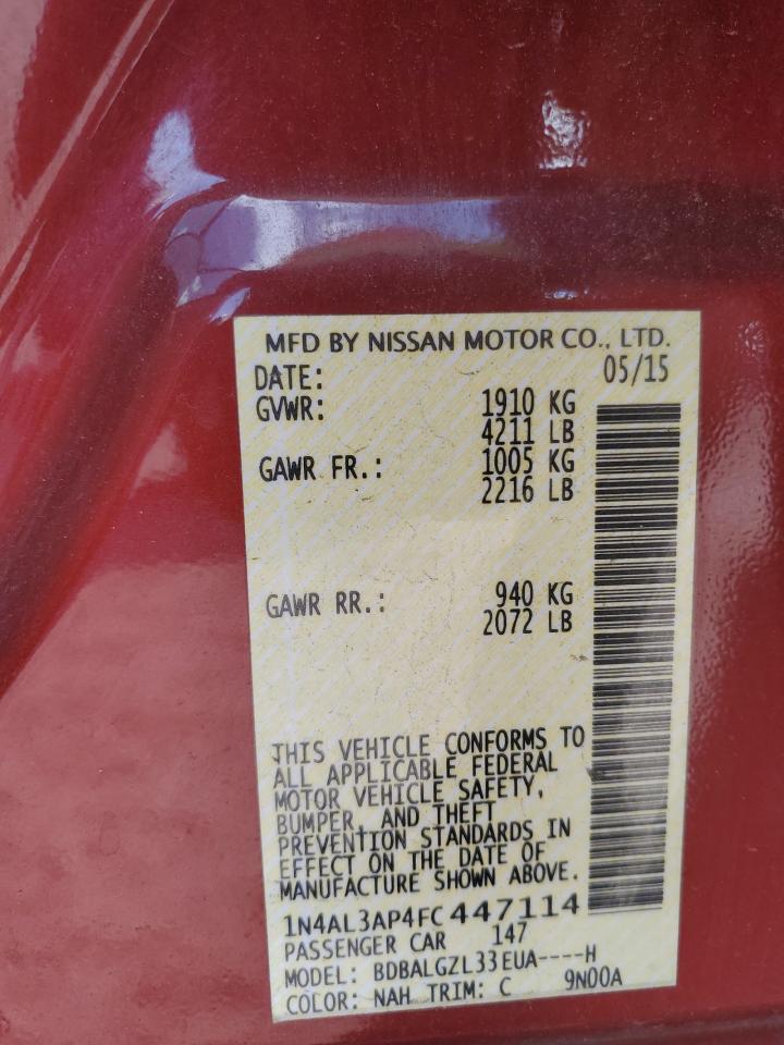 2015 Nissan Altima 2.5 Red vin: 1N4AL3AP4FC447114