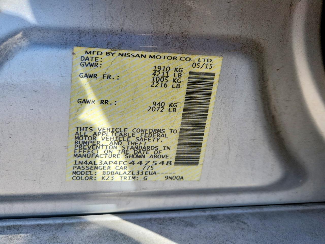 2015 Nissan Altima 2.5 Silver vin: 1N4AL3AP4FC447548