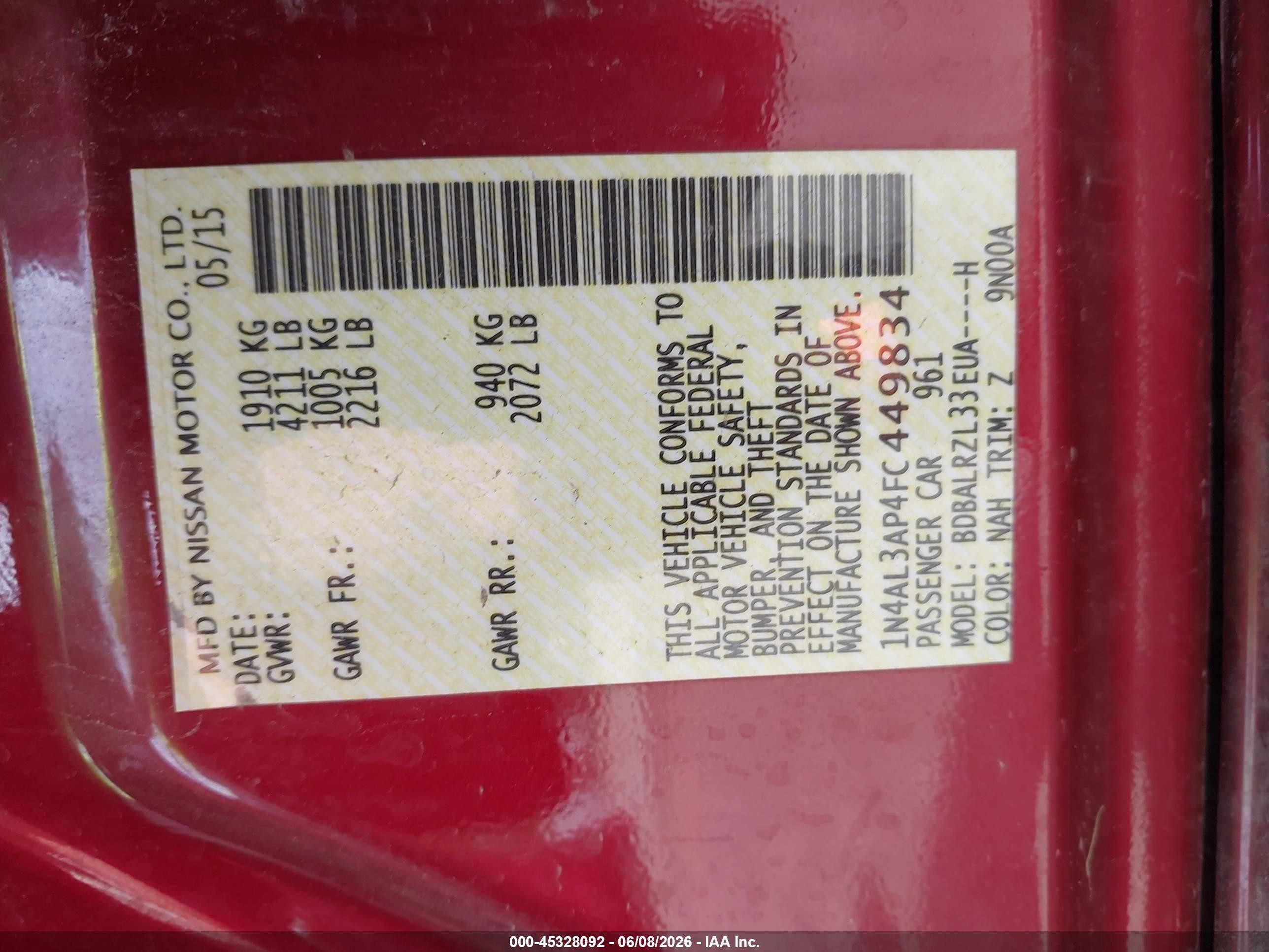 2015 Nissan Altima 2.5 Sl Red vin: 1N4AL3AP4FC449834
